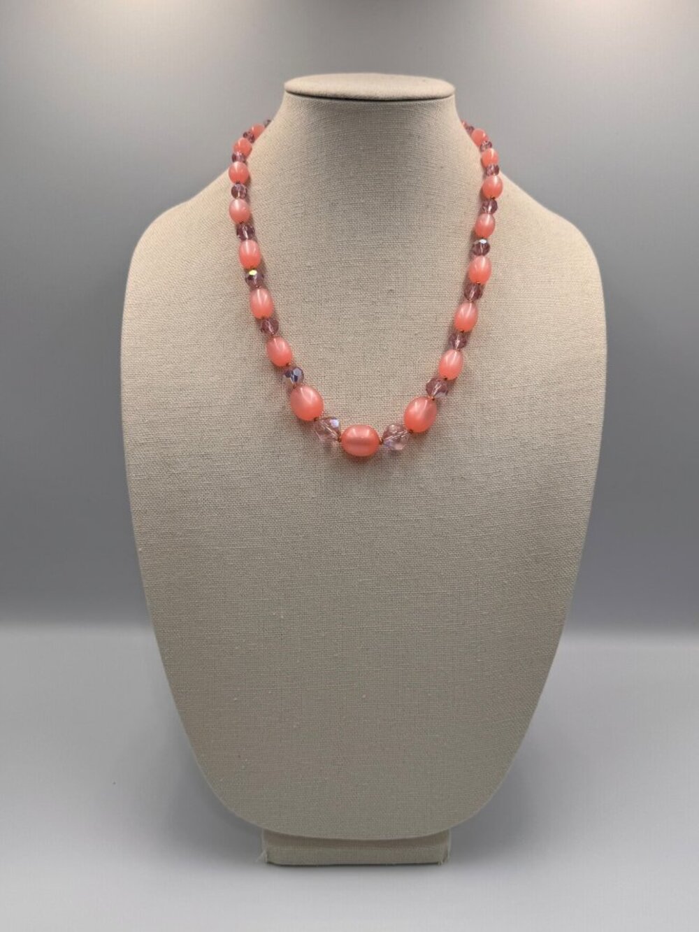 Vintage Pink Moonglow Lucite AB Crystal Bead Necklace 23” Graduated MCM